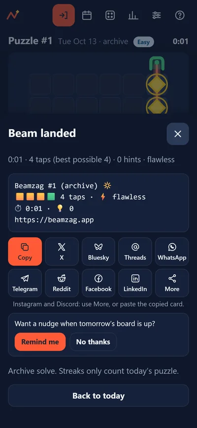 Beamzag on a phone in dark mode: the result screen with the share card after a solve